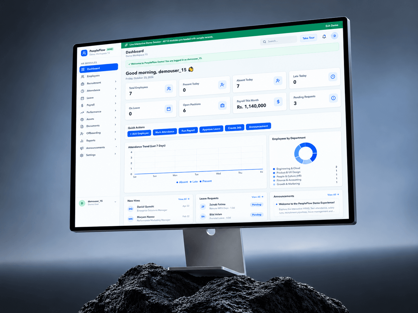 PeopleFlow HRMS dashboard with workforce summaries and HR quick actions