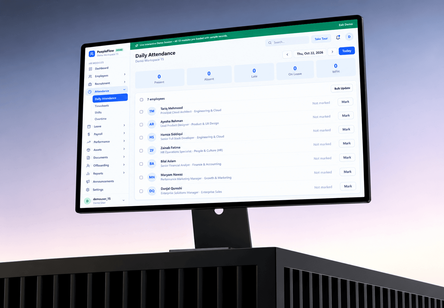 PeopleFlow daily attendance with employee status and marking controls