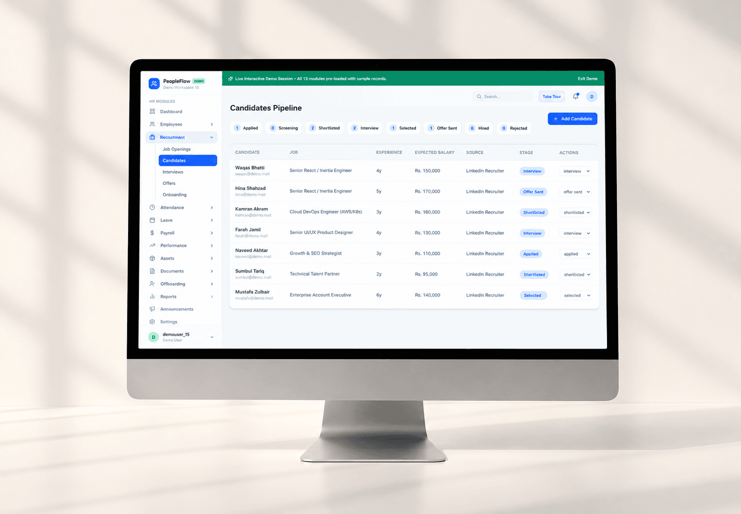 PeopleFlow recruitment pipeline with candidate stages and hiring records