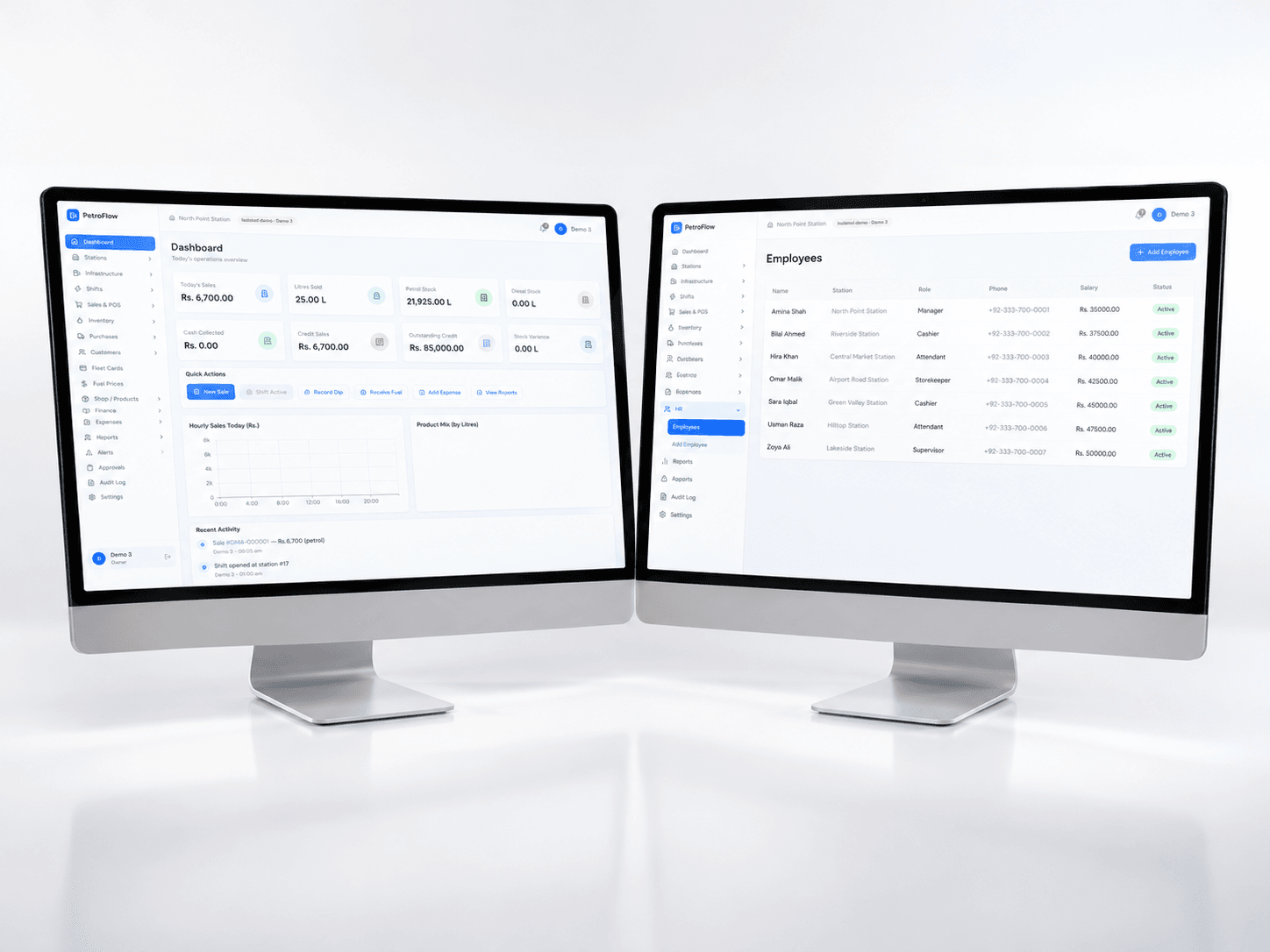 PetroFlow dashboard and employee management screens displayed side by side