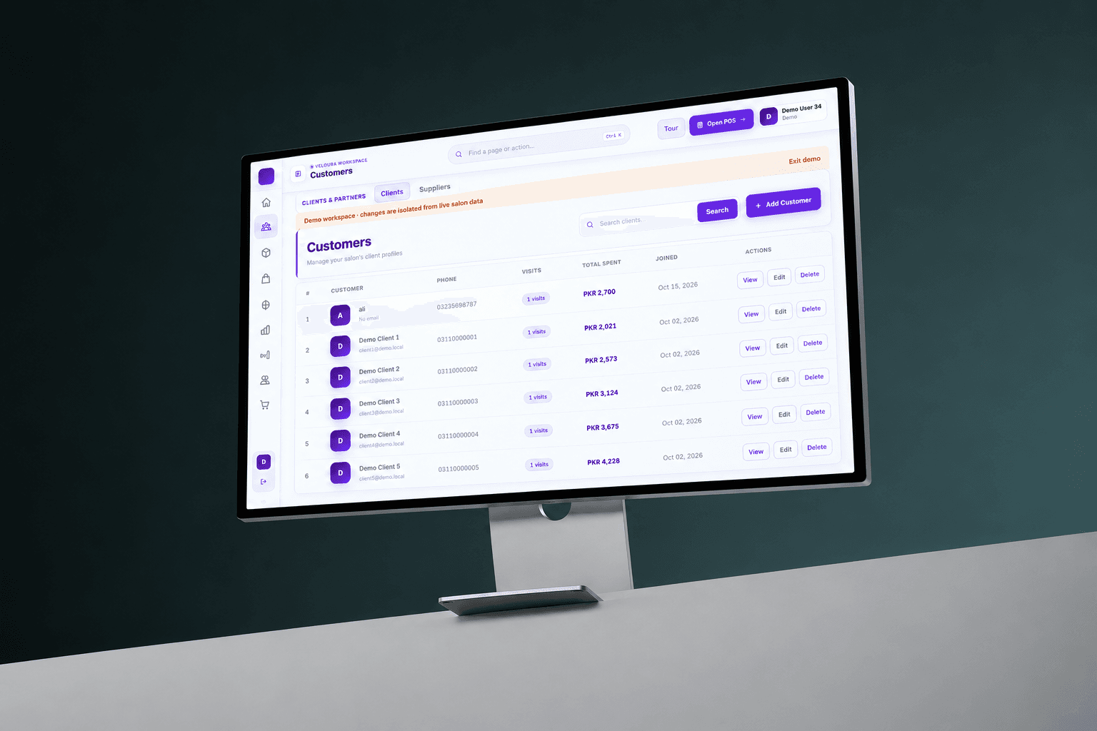 Veloura customer management with client profiles, visit history, and spending records