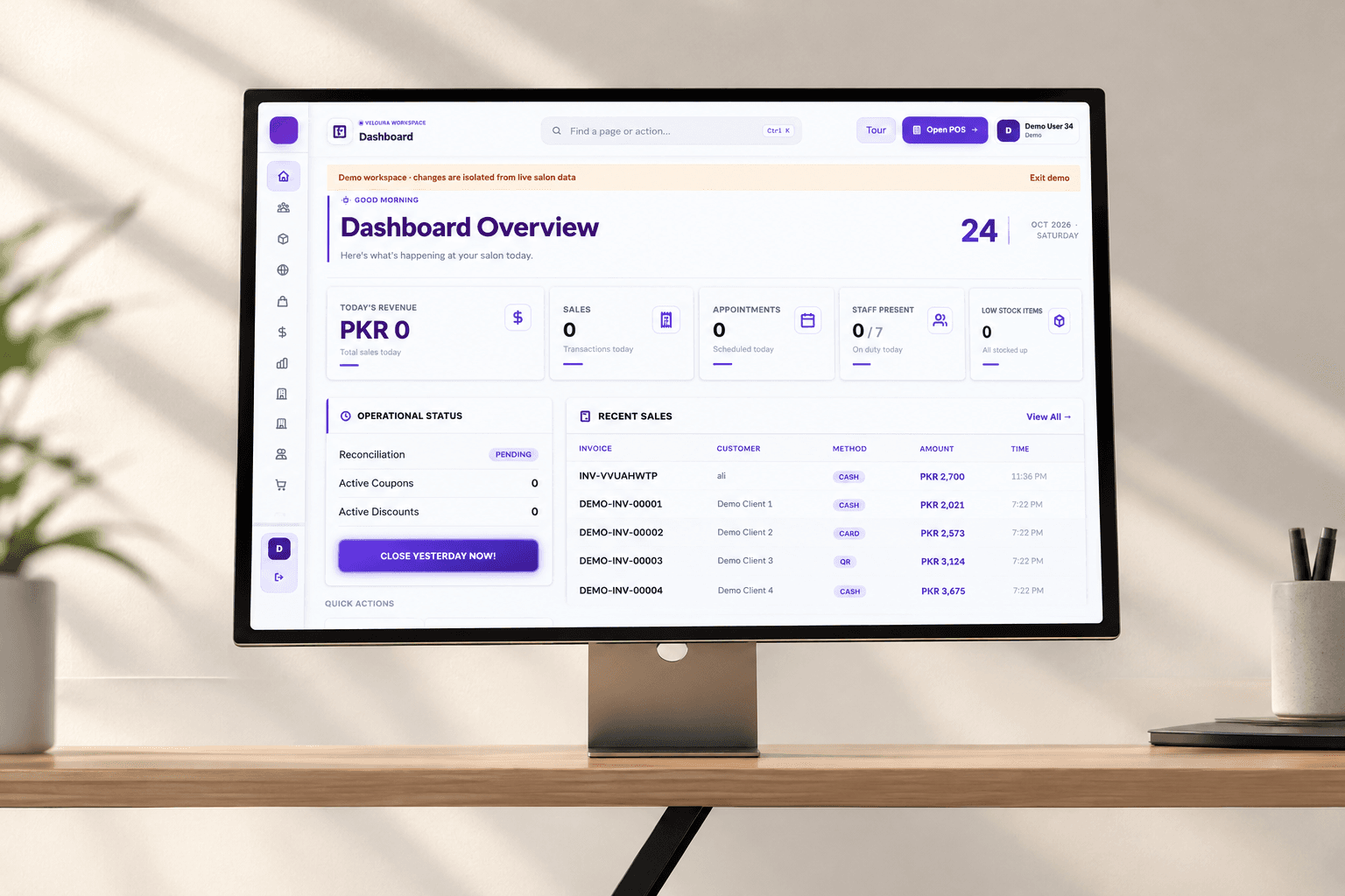 Veloura salon management dashboard with sales, appointments, and operational status