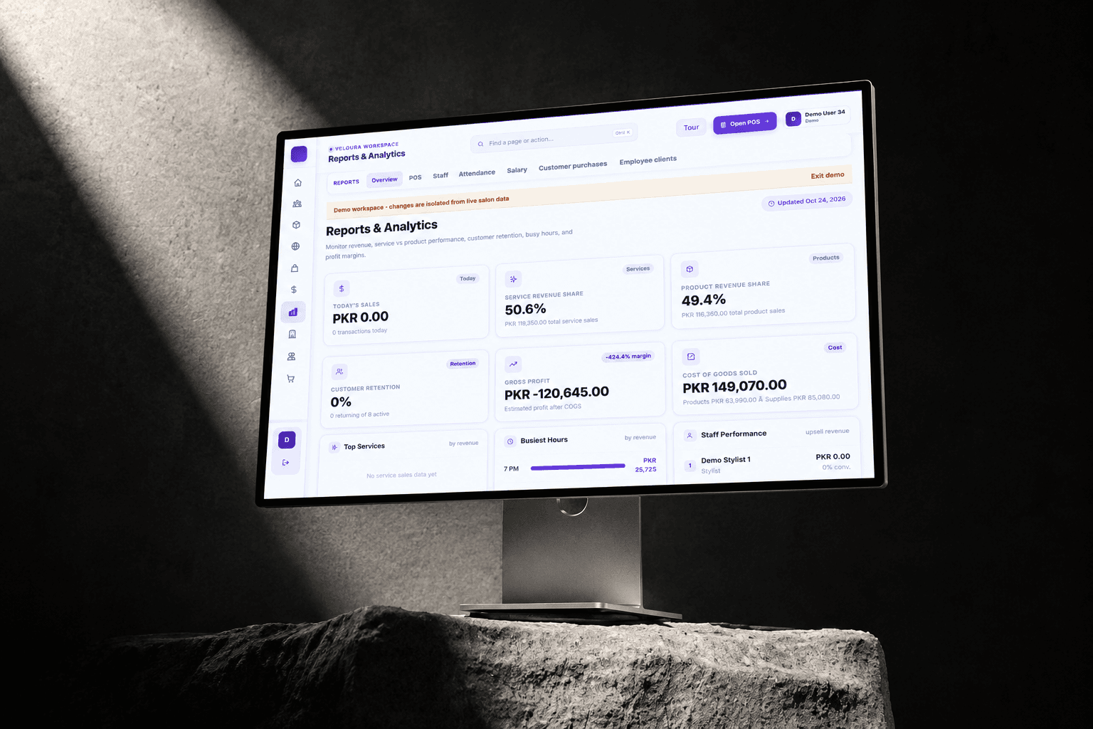 Veloura reports and analytics with service revenue, product performance, and staff metrics